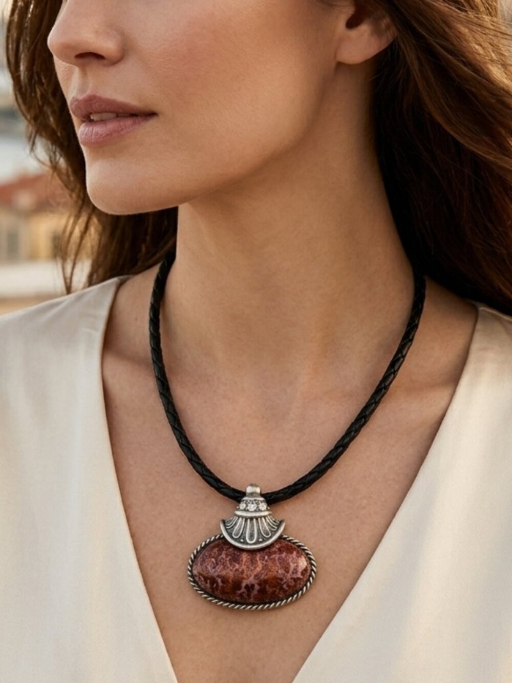 RARE Chico's Artisan Red Jasper Resin Statement Necklace NWOT | Boho Luxury